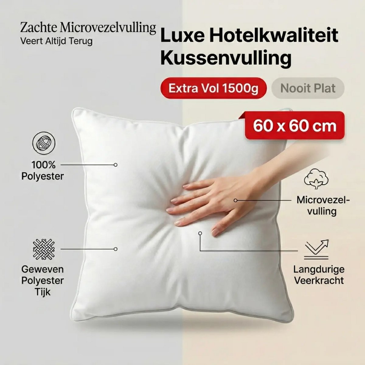 Binnenkussen 60x60 cm, microvezel vulling 1500 g, wit polyester, Urbane Hide