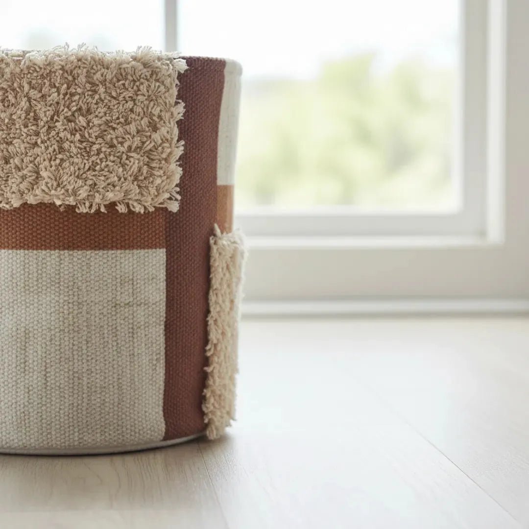 Urbane Hide TextureGrid opbergmand katoen, beige en bruin, Ø25 x 30 cm