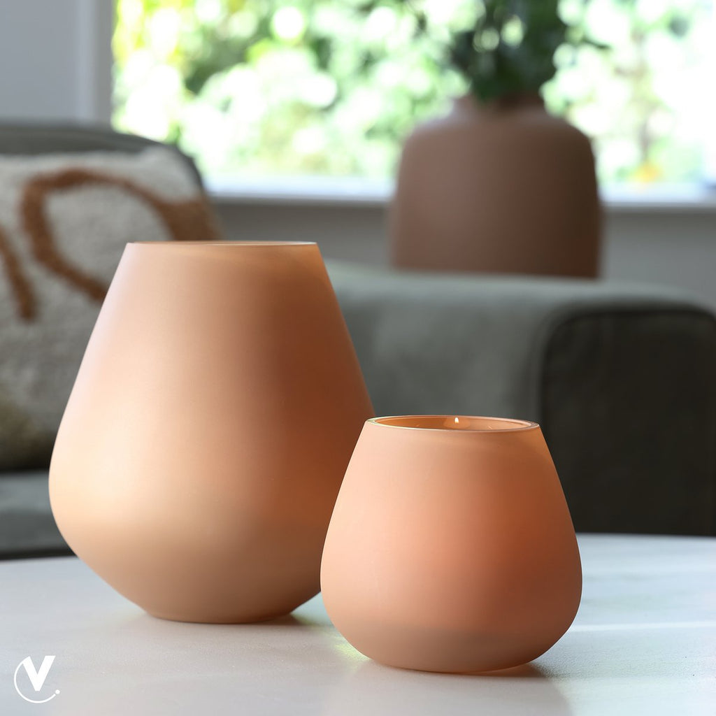 Vase The World waxinelichthouder Tasman XS matte sand, glas, set van 2, Ø12,5 x 11,5 cm
