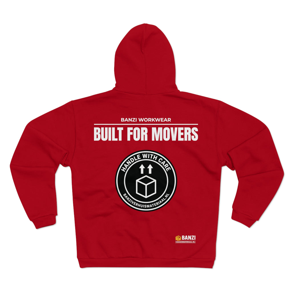 BanziVerhuismateriaal Zip-Up Workwear Hoodie “Built for Movers” – Flaming Red (Unisex)