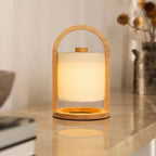 River lichtbruine houten oplaadbare lamp, snoerloos en dimbaar, Ø18 x 27 cm