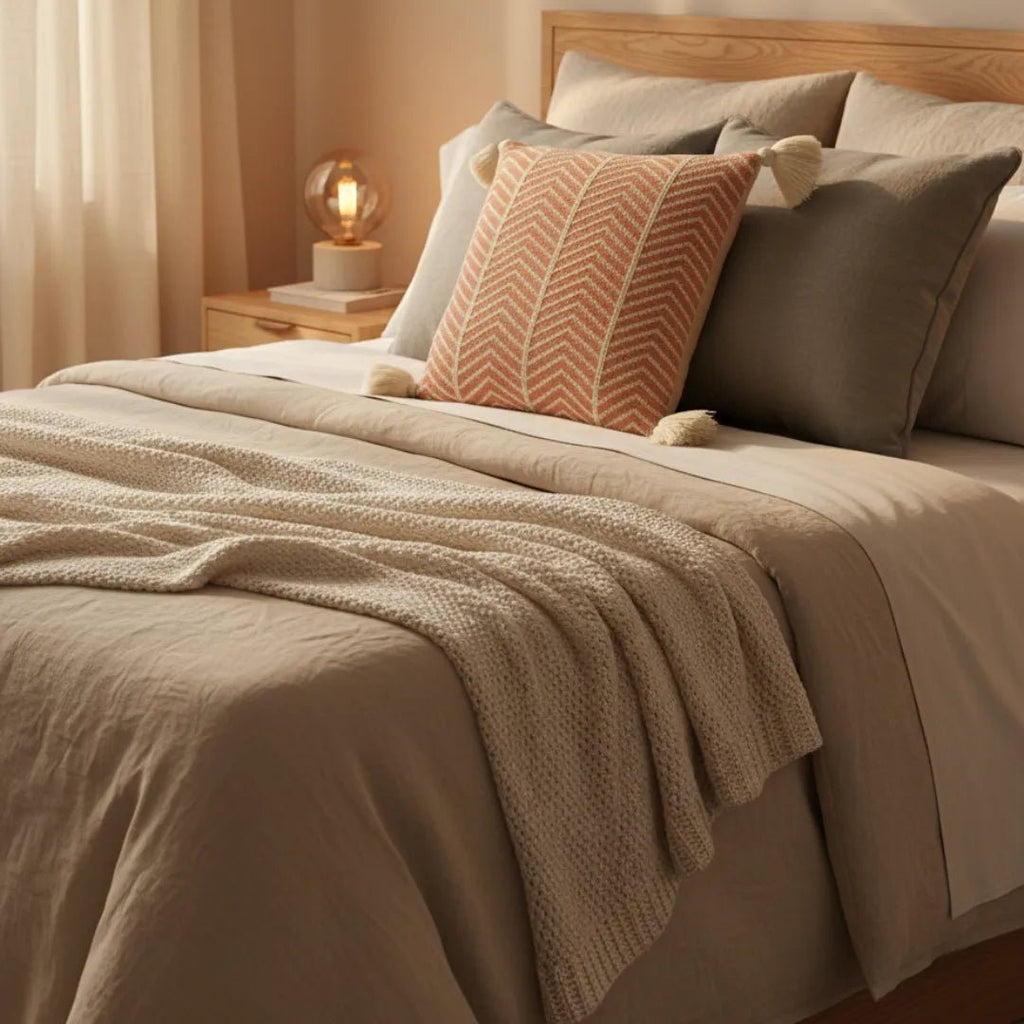 Chevrona kussenhoes 45x45 cm, chevron breisel in dusty coral met kwastjes, Urbane Hide
