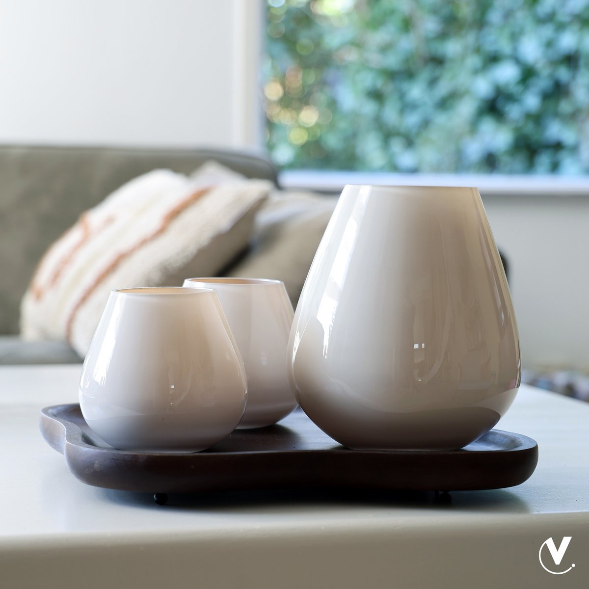 Vase The World waxinelichthouder Tasman XS ivory, glas, set van 2, Ø12,5 x 11,5 cm
