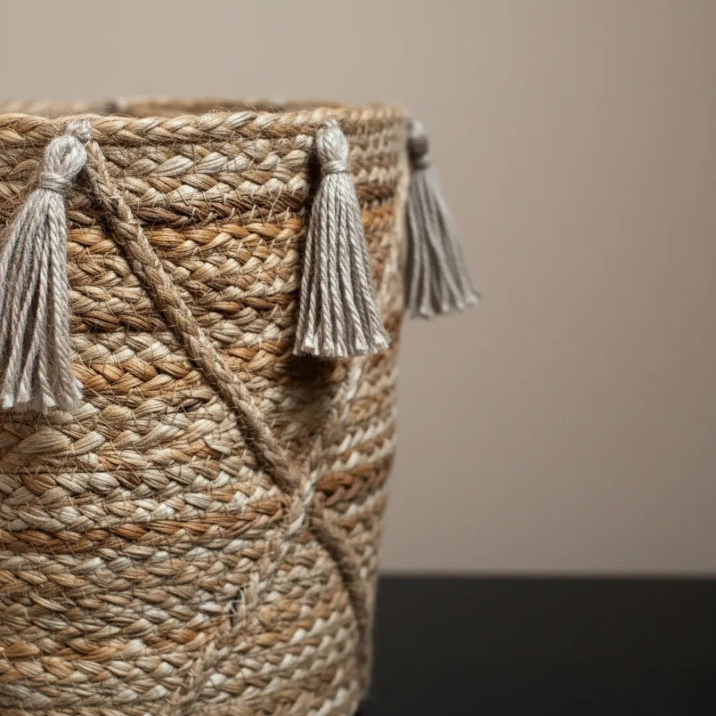 Urbane Hide TasselCraft jute opbergmand met kwastjes, naturel bruin, Ø25 x 30 cm