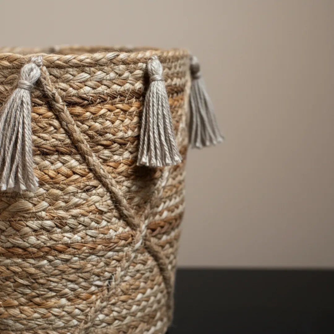 Urbane Hide TasselCraft jute opbergmand met kwastjes, naturel bruin, Ø25 x 30 cm