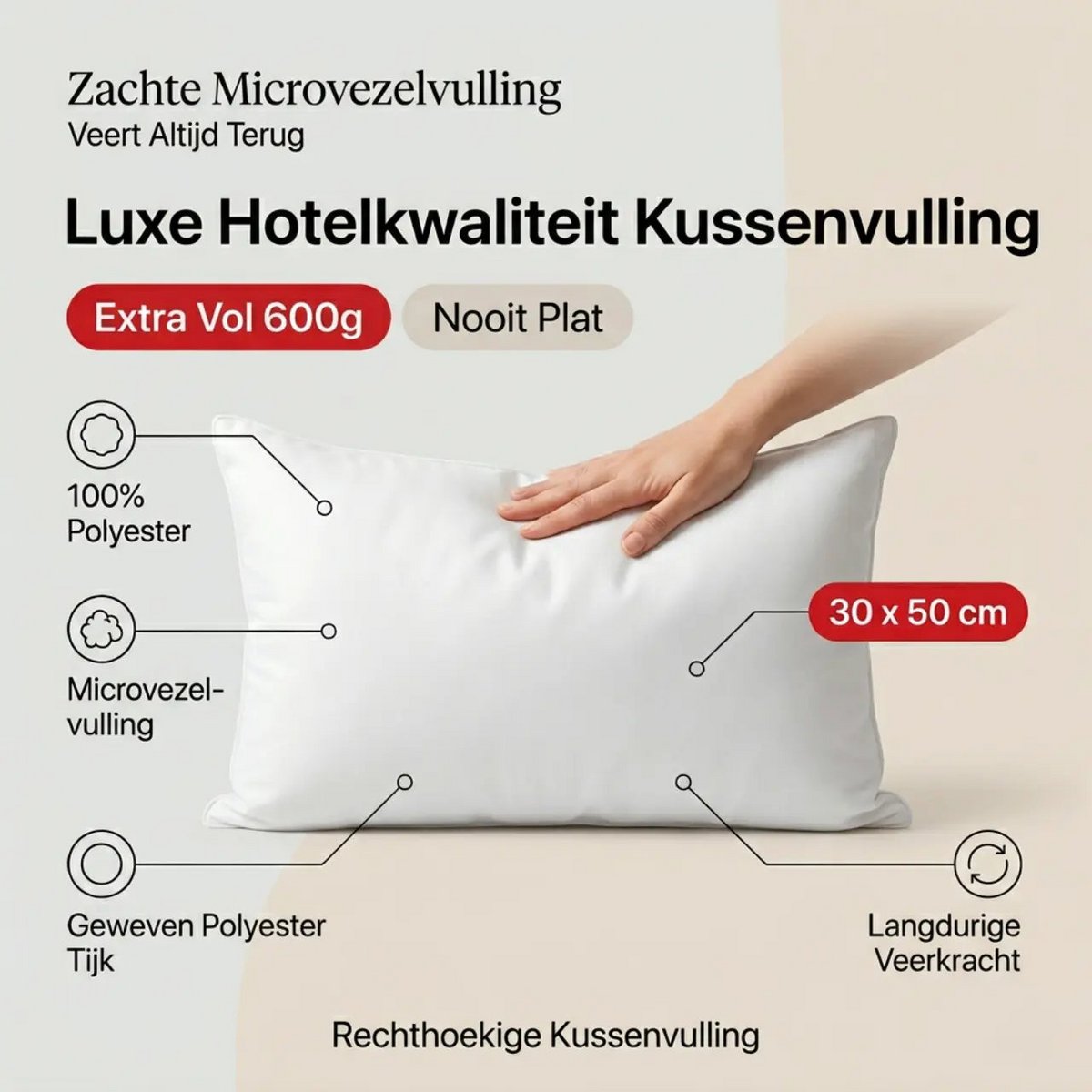 Binnenkussen 30x50 cm, microvezel vulling 600 g, wit polyester, Urbane Hide
