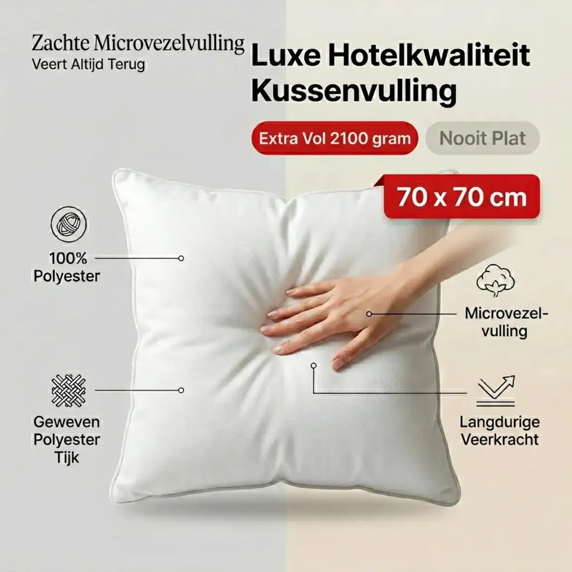 Binnenkussen 70x70 cm, microvezel vulling 2100 g, wit polyester, Urbane Hide