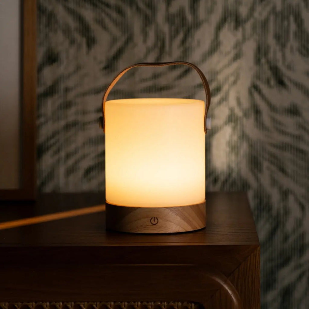 Avery lichtbruine oplaadbare houten tafellamp, snoerloos en dimbaar, Ø12 x 21 cm