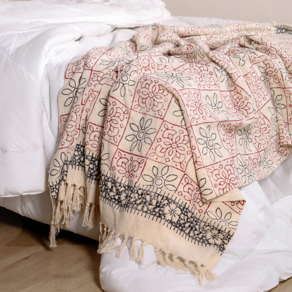 Floravia plaid 130x180 cm, blockprint bloemen en geometrisch patroon met franjes, Urbane Hide