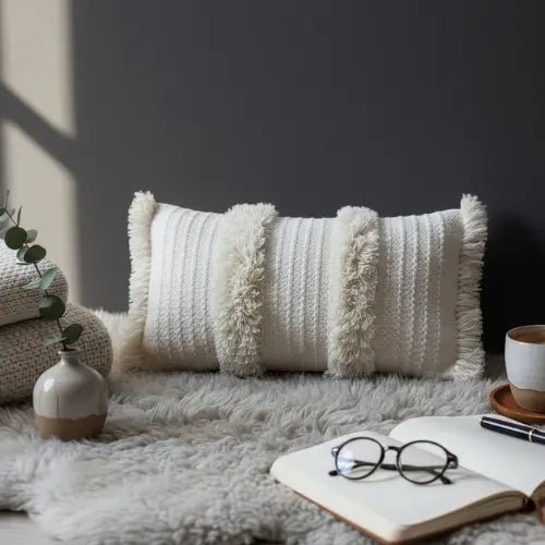 Fravora lumbalkussenhoes 35x75 cm, crème katoen met franjes en textuur, Urbane Hide