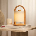 River lichtbruine houten oplaadbare lamp, snoerloos en dimbaar, Ø18 x 27 cm