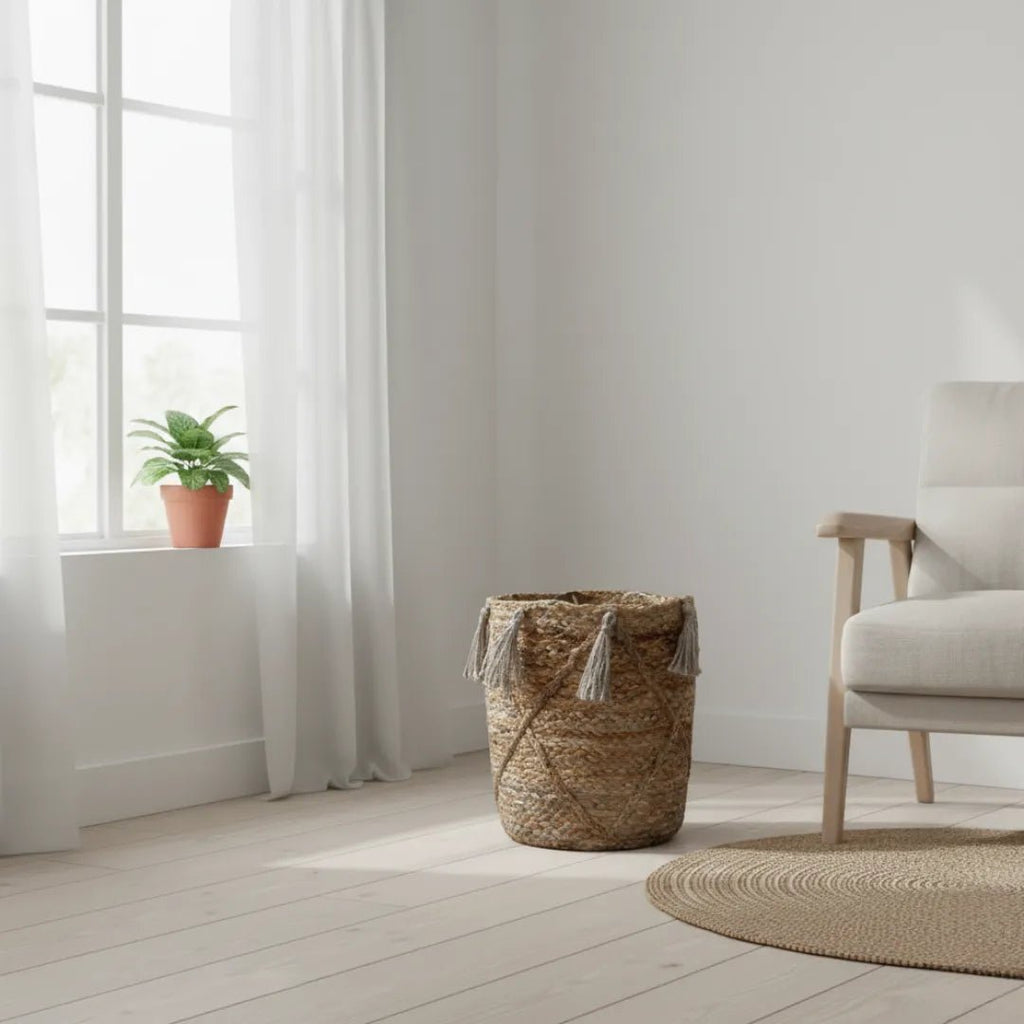 Urbane Hide TasselCraft jute opbergmand met kwastjes, naturel bruin, Ø25 x 30 cm