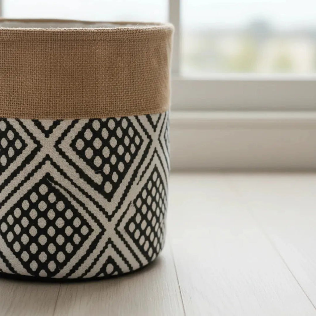 Urbane Hide GeoWeave opbergmand katoen en jute, zwart wit, Ø30 x 25 cm