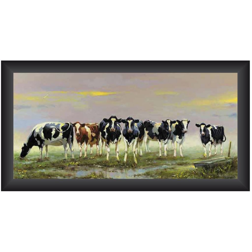 Schilderij Koeien 7 Op Rij 40 x 80 cm, Zwarte Lijst
