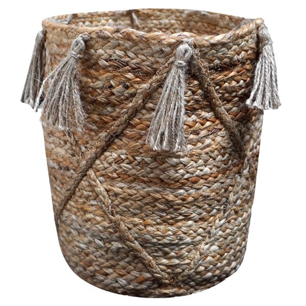 Urbane Hide TasselCraft jute opbergmand met kwastjes, naturel bruin, Ø25 x 30 cm