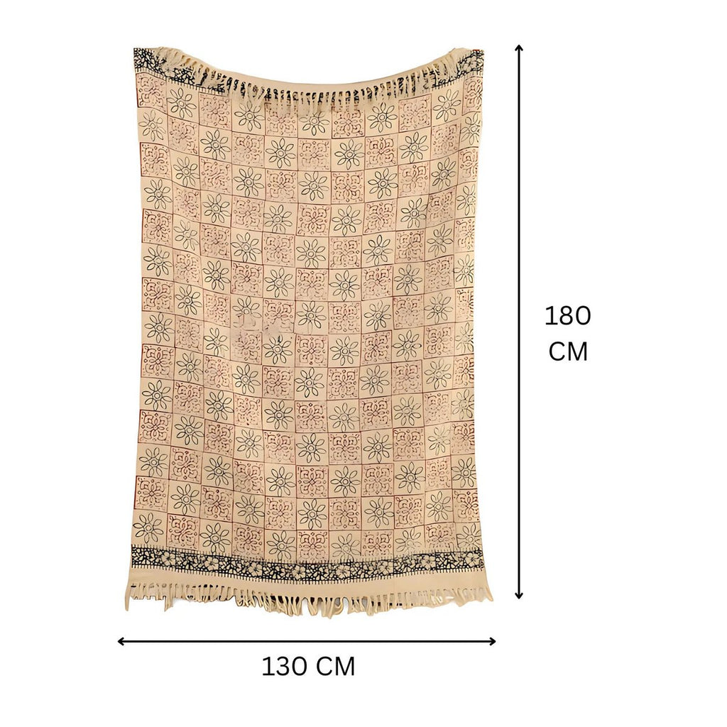 Floravia plaid 130x180 cm, blockprint bloemen en geometrisch patroon met franjes, Urbane Hide