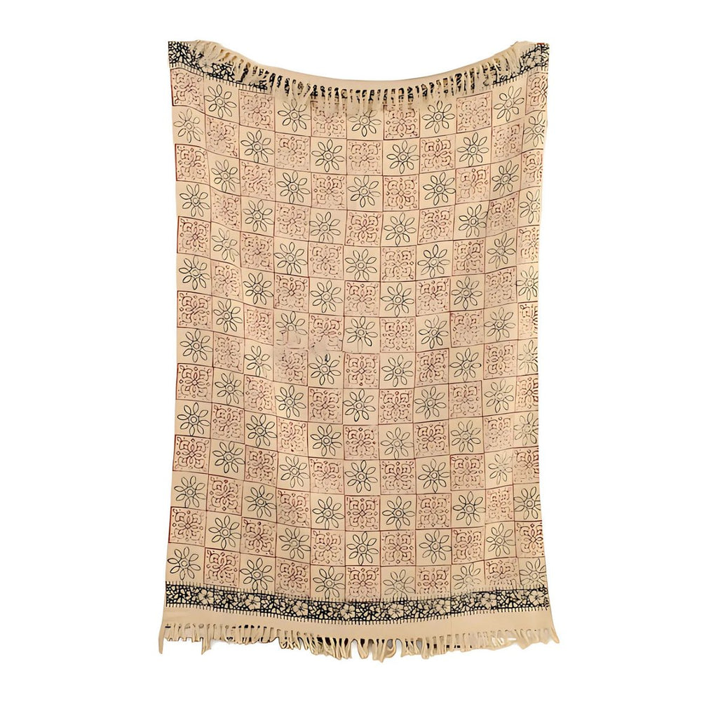 Floravia plaid 130x180 cm, blockprint bloemen en geometrisch patroon met franjes, Urbane Hide