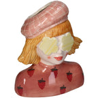 Strawberry Girl Vase - Pink Earthenware Pot - 24 Cm High - Handcrafted Ceramic - Lady Vase