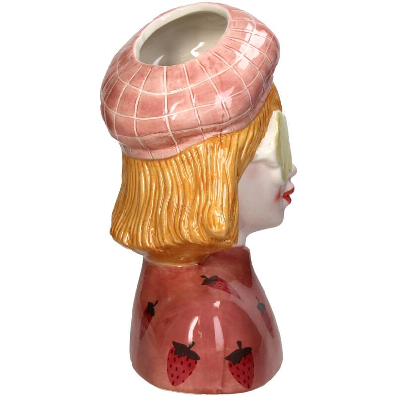 Strawberry Girl Vase - Pink Earthenware Pot - 24 Cm High - Handcrafted Ceramic - Lady Vase